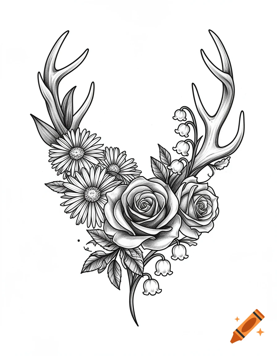 Black and white line art tattoo design featuring deer antlers intertwined with roses, daisies, and lily of the valley flowers.