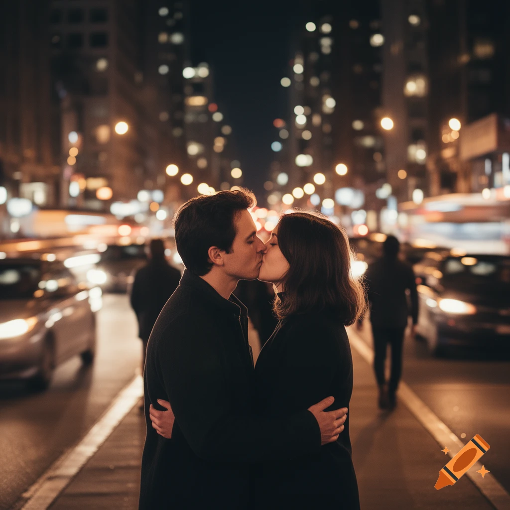 A couple kissing on a city street at night, with blurred lights and cars in the background.