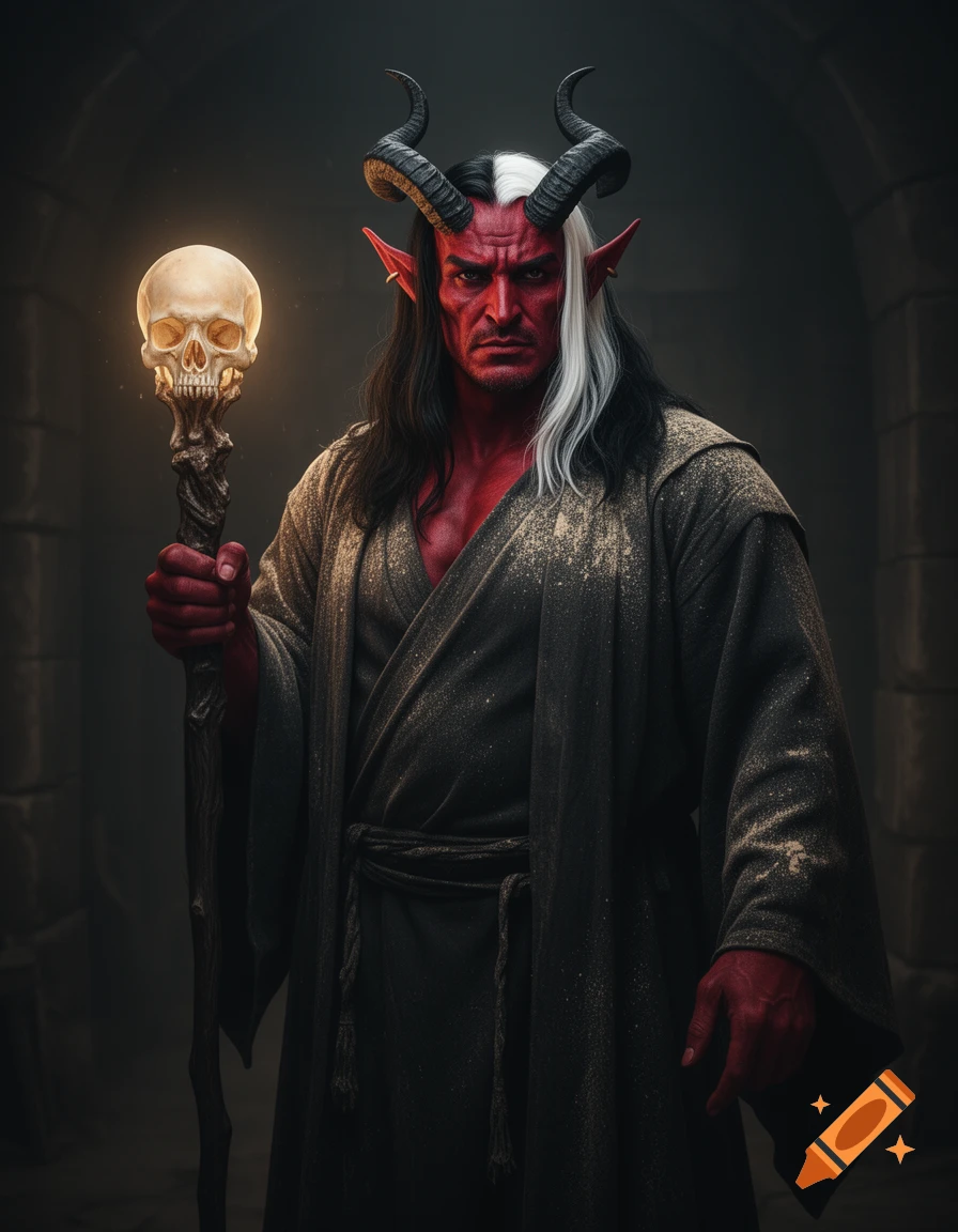 Red-skinned Tiefling necromancer with horns, black and white hair, dark dusty robe, holding a glowing skull staff.