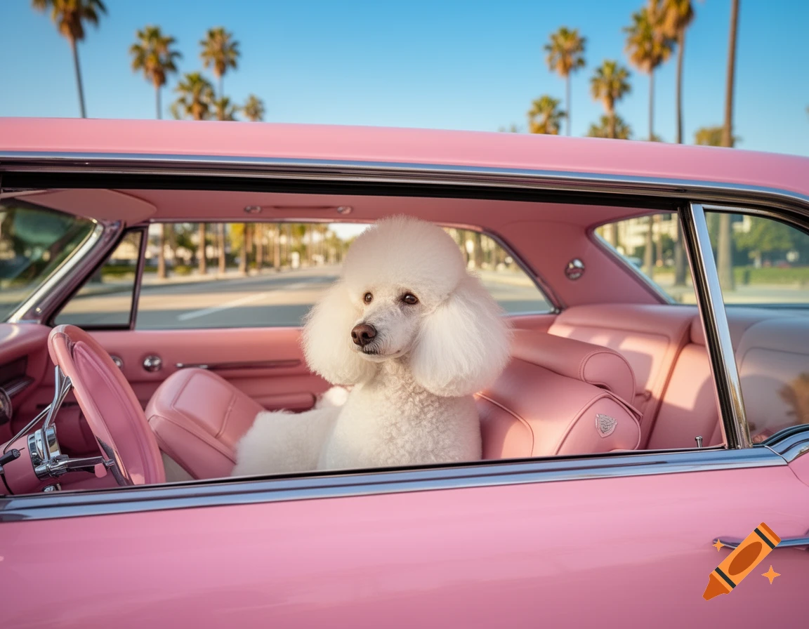 A white poodle sits in the passenger seat of a pink Cadillac, with palm trees visible through the window on a sunny day.