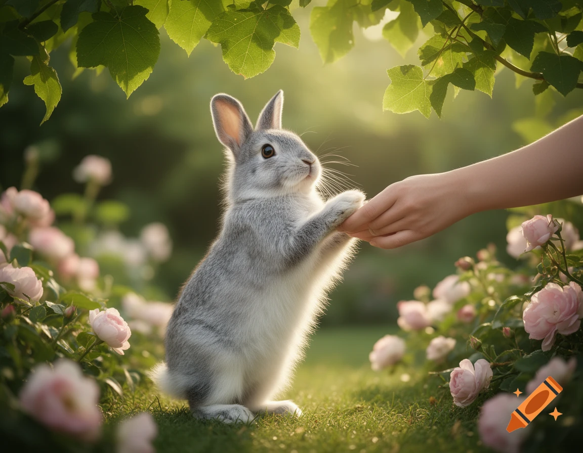 A gray and white rabbit stands on its hind legs, touching a human hand among pink roses in a sunlit garden.
