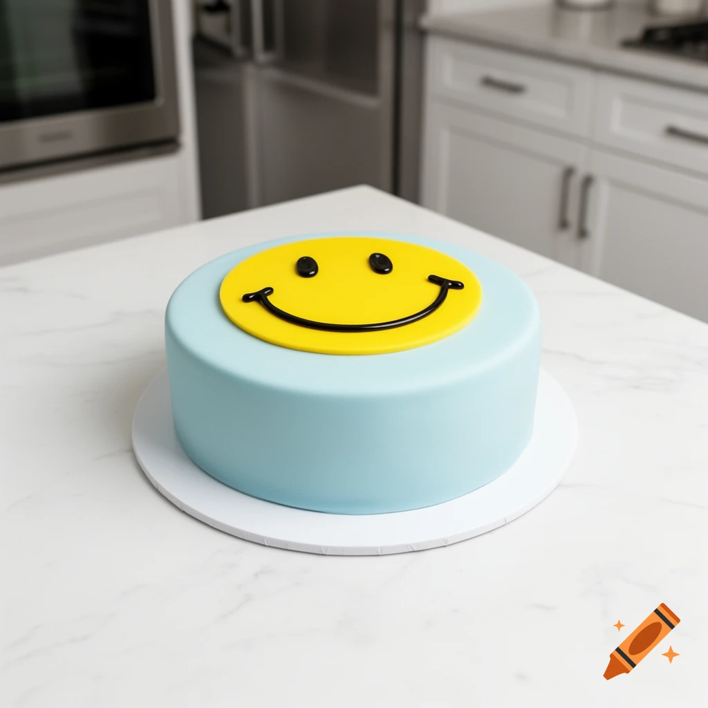 A photorealistic image of a light blue cake topped with a yellow smiley face, on a white kitchen counter.