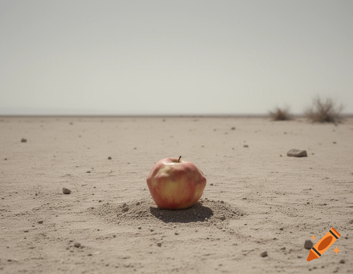 A slightly misshapen red and yellow apple sits on a sand mound in a desolate, empty desert under a pale sky.
