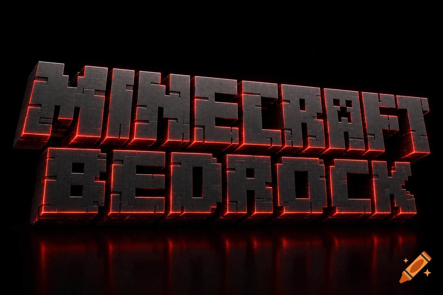 3D Minecraft Bedrock logo with black blocky text outlined in glowing red neon, on a dark background.