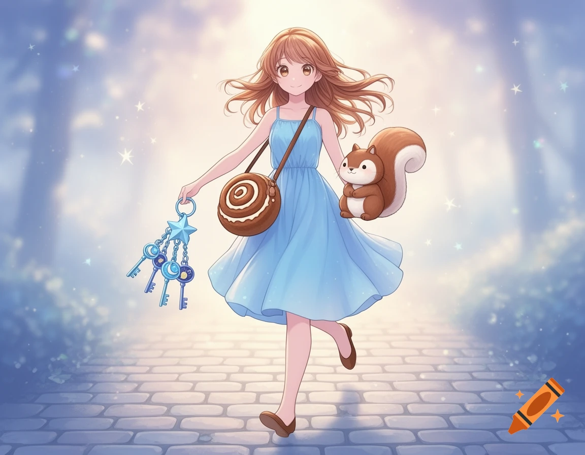 An anime girl in a blue dress runs with a squirrel, holding star-shaped keys and a cinnamon roll bag on a sparkling path.