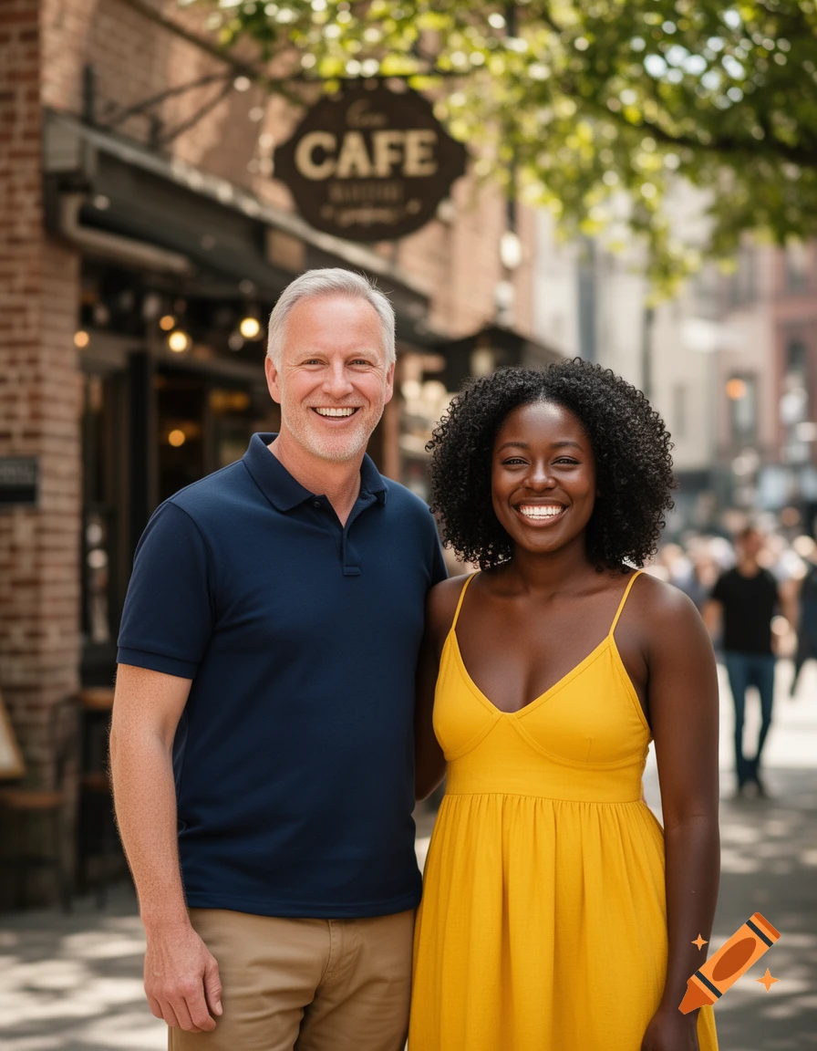 A smiling white man and a black woman stand in front of a cafe with a 'CAFE' sign, photorealistic.
