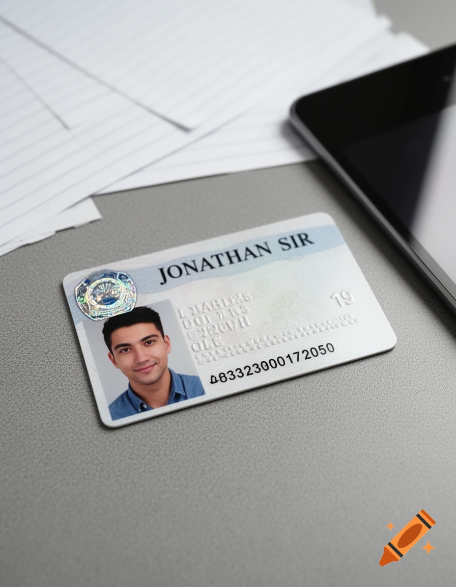 A close-up, photorealistic image of a fake ID card for "Jonathan Sir" with a photo of a young man, lying on a grey surface next to a smartphone and white papers.