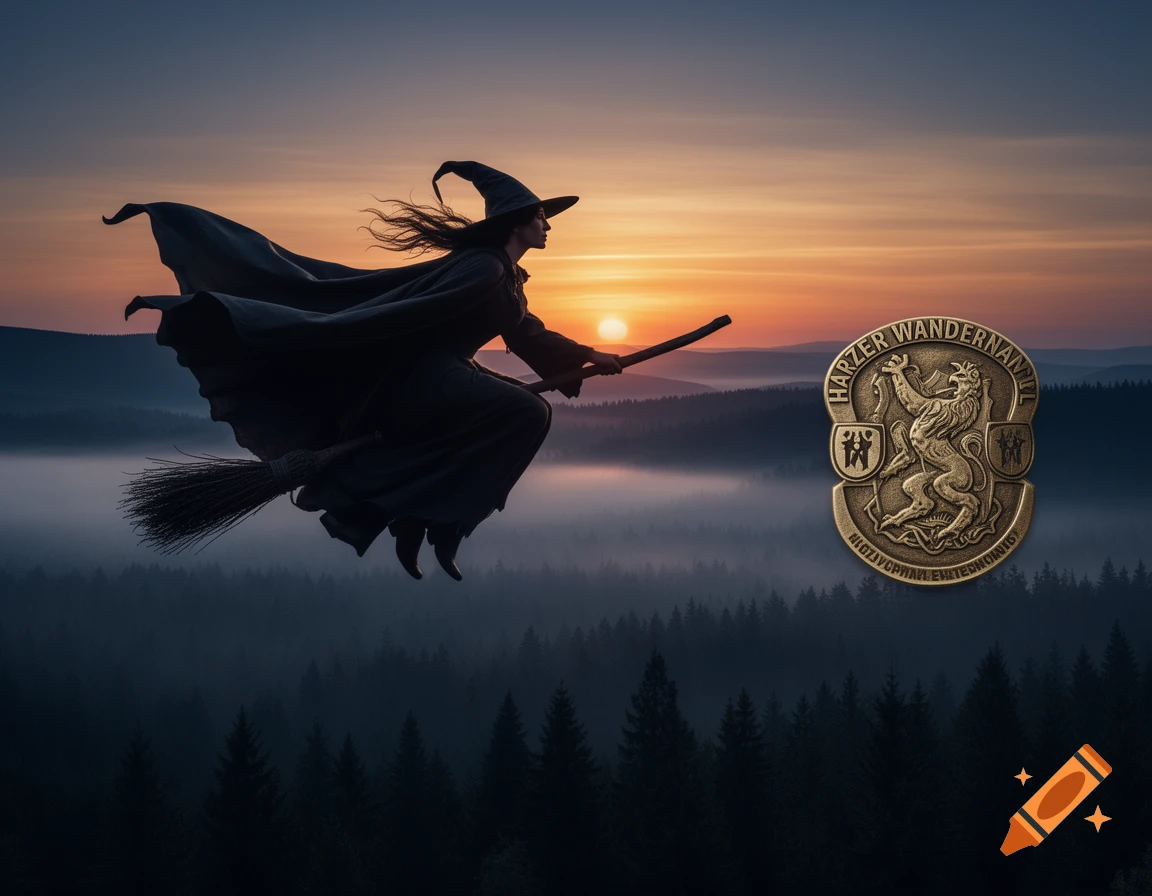 A silhouetted witch flies on a broomstick against a vibrant sunset over a misty forest, next to a detailed Harzer Wandernadel medal.