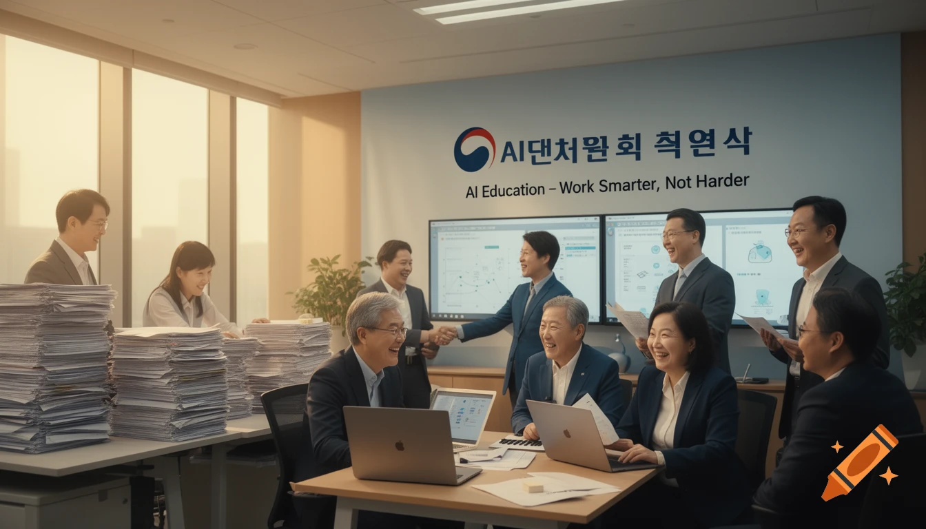 Smiling Asian professionals in a modern office meeting, with laptops and stacks of paper, a wall sign reads 'AI Education – Work Smarter, Not Harder'.