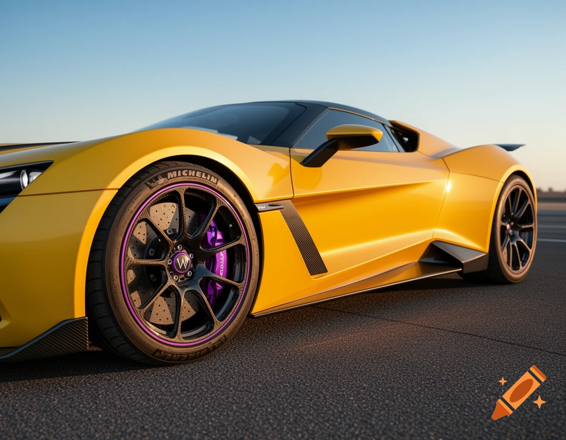A low-angle shot of a yellow Fenyr Supersport car with black carbon fiber rims, purple brake calipers, and Michelin tires on an asphalt road.