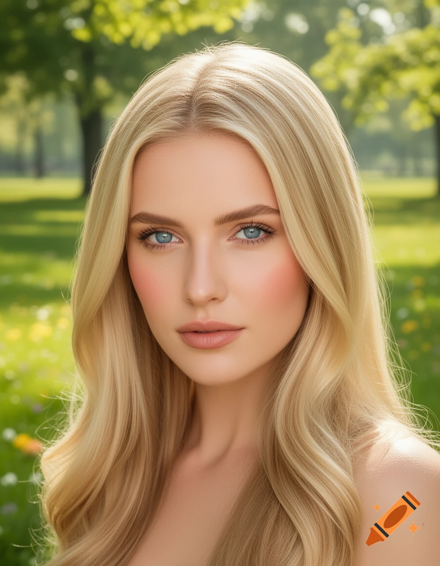Photorealistic portrait of a blonde woman with blue eyes in a park setting, looking directly at the viewer.