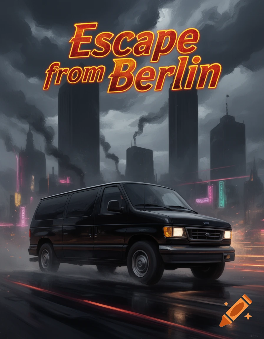 Movie poster for 'Escape from Berlin' featuring a black Ford van speeding through a dark, stormy city with neon lights.