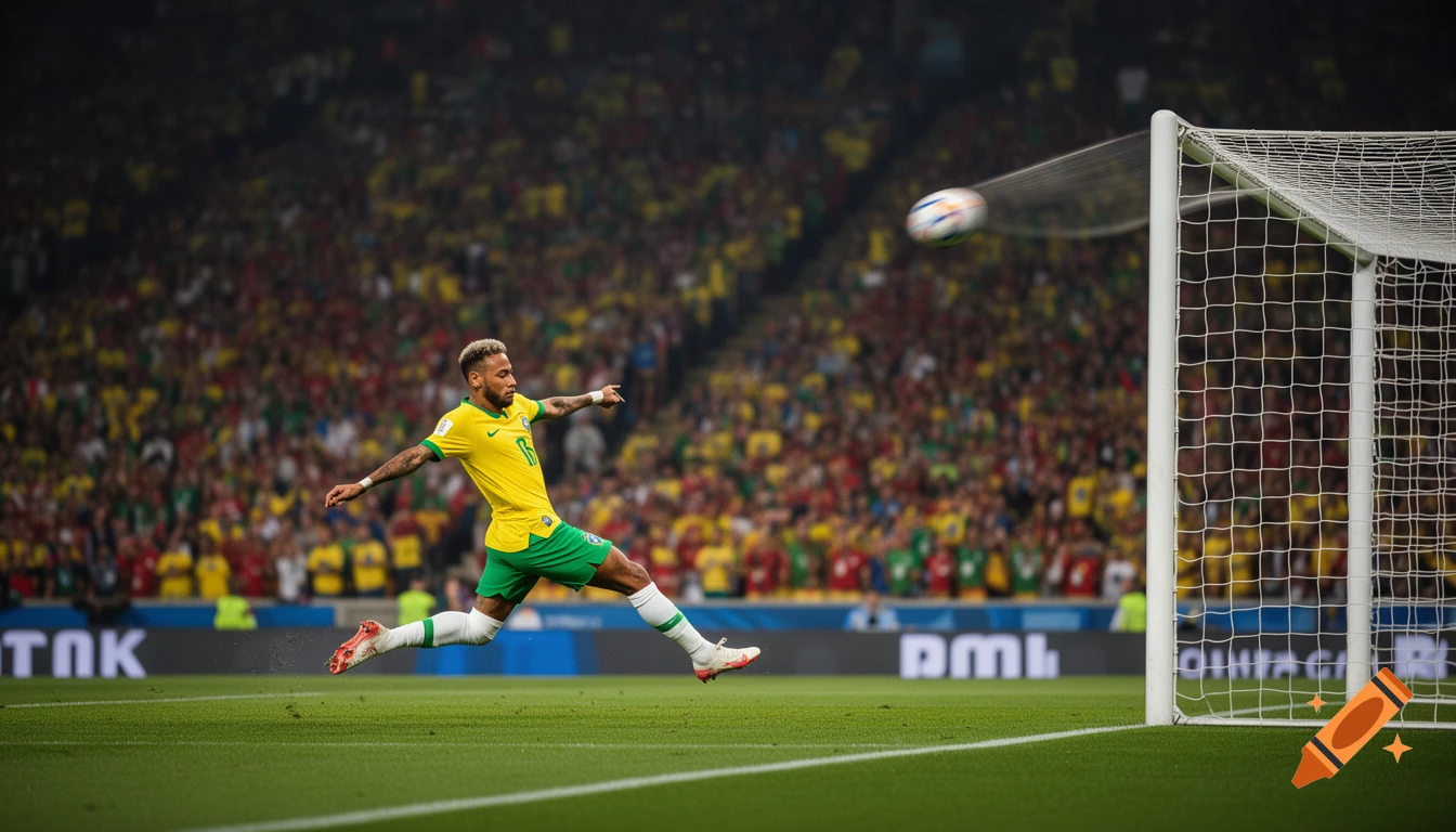 Neymar Junior in a yellow and green uniform kicks a soccer ball towards a goal in a packed stadium.