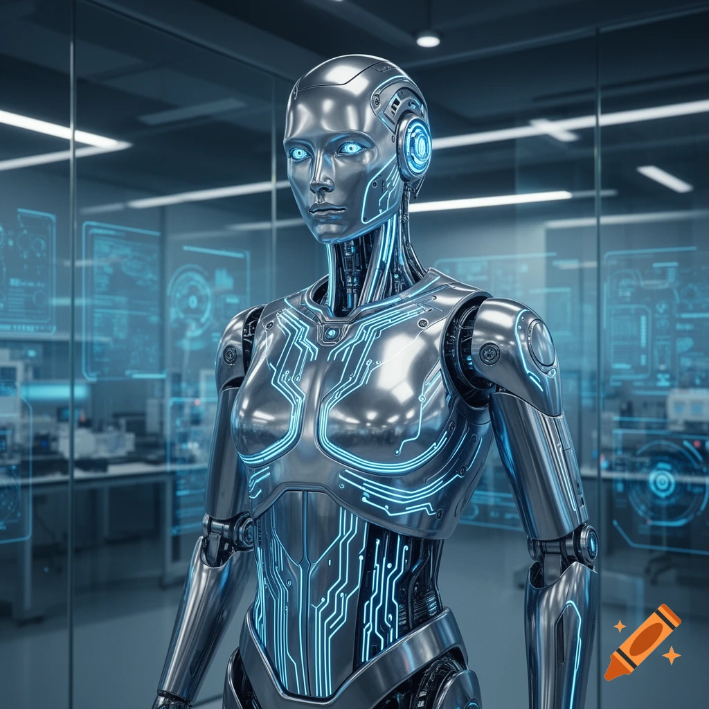 A futuristic silver metallic robot with glowing blue circuit patterns and eyes stands in a high-tech control room.