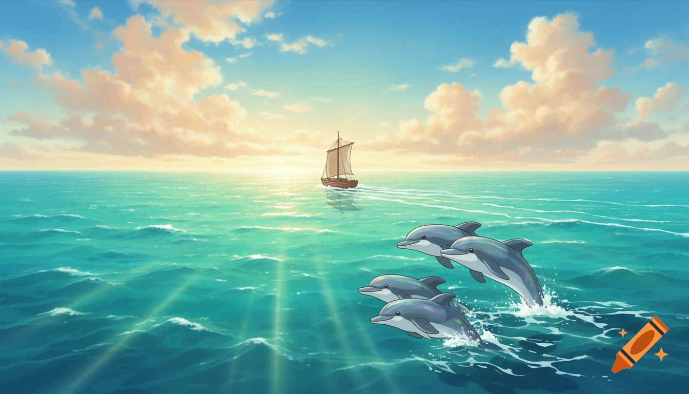 A small sailboat on a calm blue ocean under a partly cloudy sky, with four dolphins leaping from the waves in the foreground.