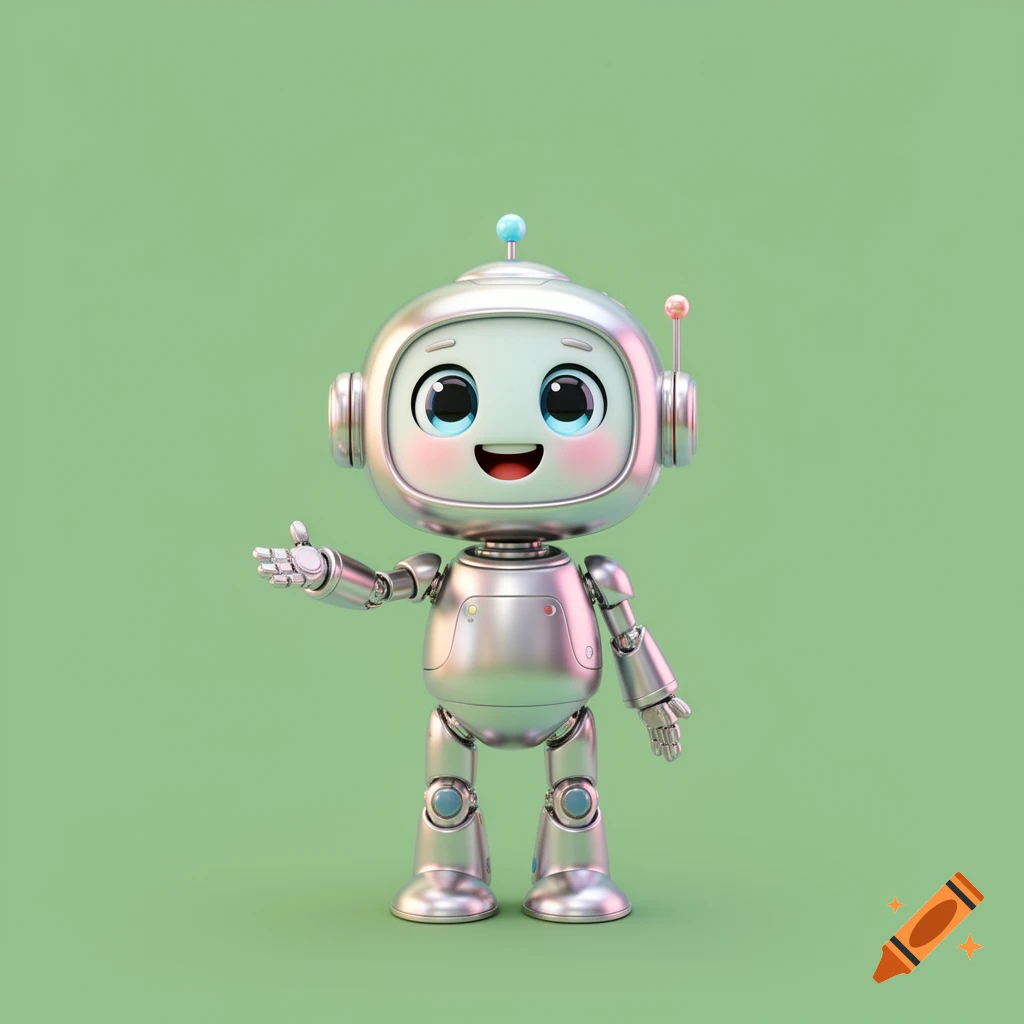 A cute, friendly silver robot character with big blue eyes, rosy cheeks, and a happy expression, stands on a plain light green background.