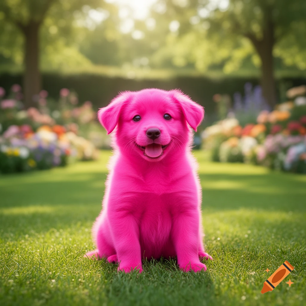 A bright pink puppy sits smiling in a sunny green garden with colorful flowers in the background.
