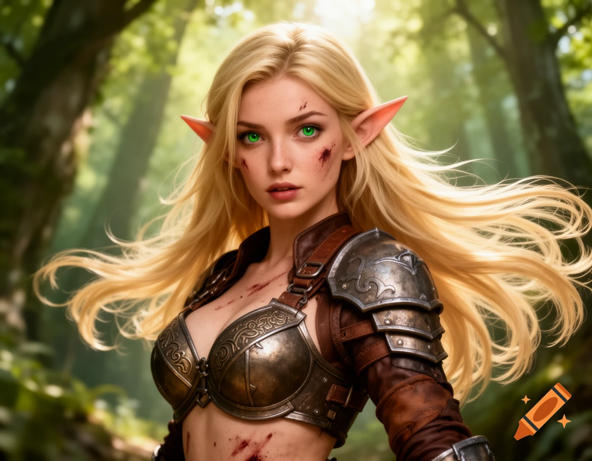 Photorealistic portrait of a blonde elf warrior with green eyes and pointy ears, wearing bronze armor, with minor blood and scratches, in a forest.