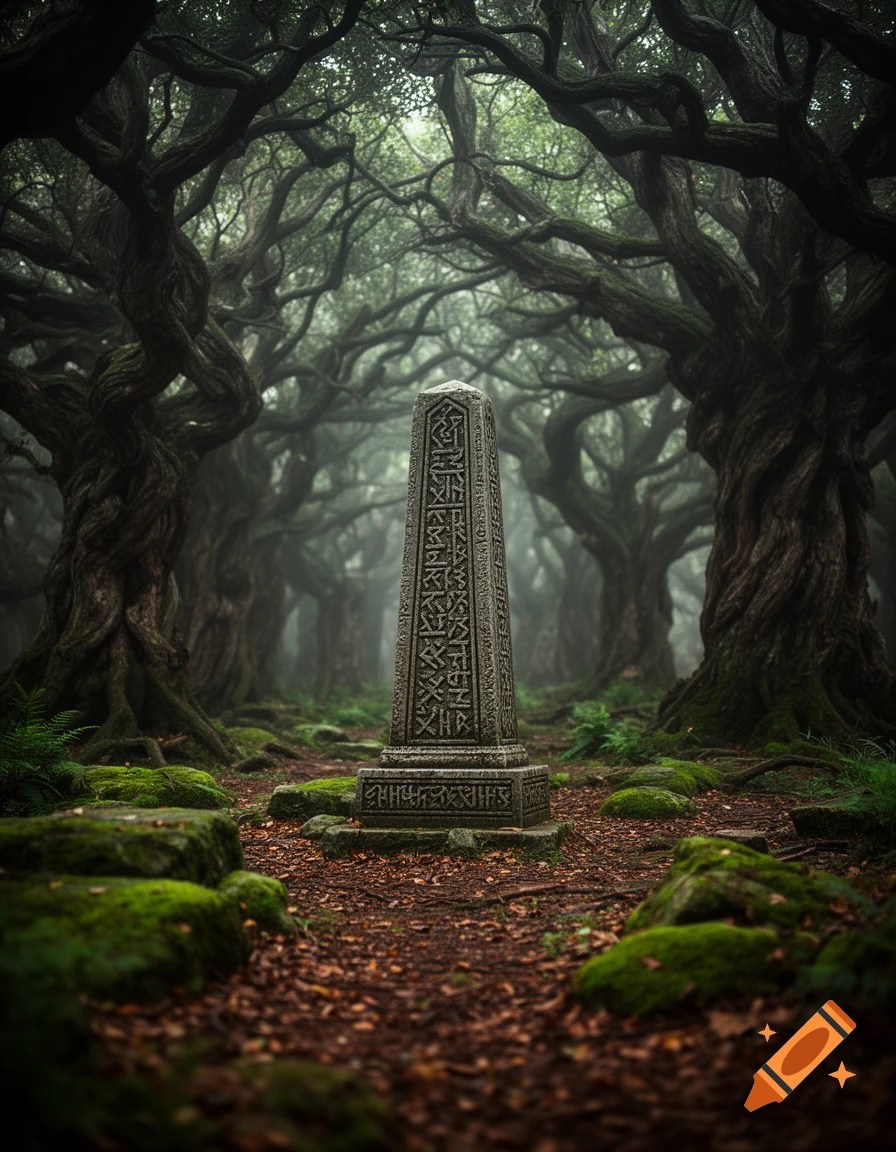 A mysterious stone obelisk with intricate carvings stands on a dirt path in a dark, foggy forest with gnarled, ancient trees.