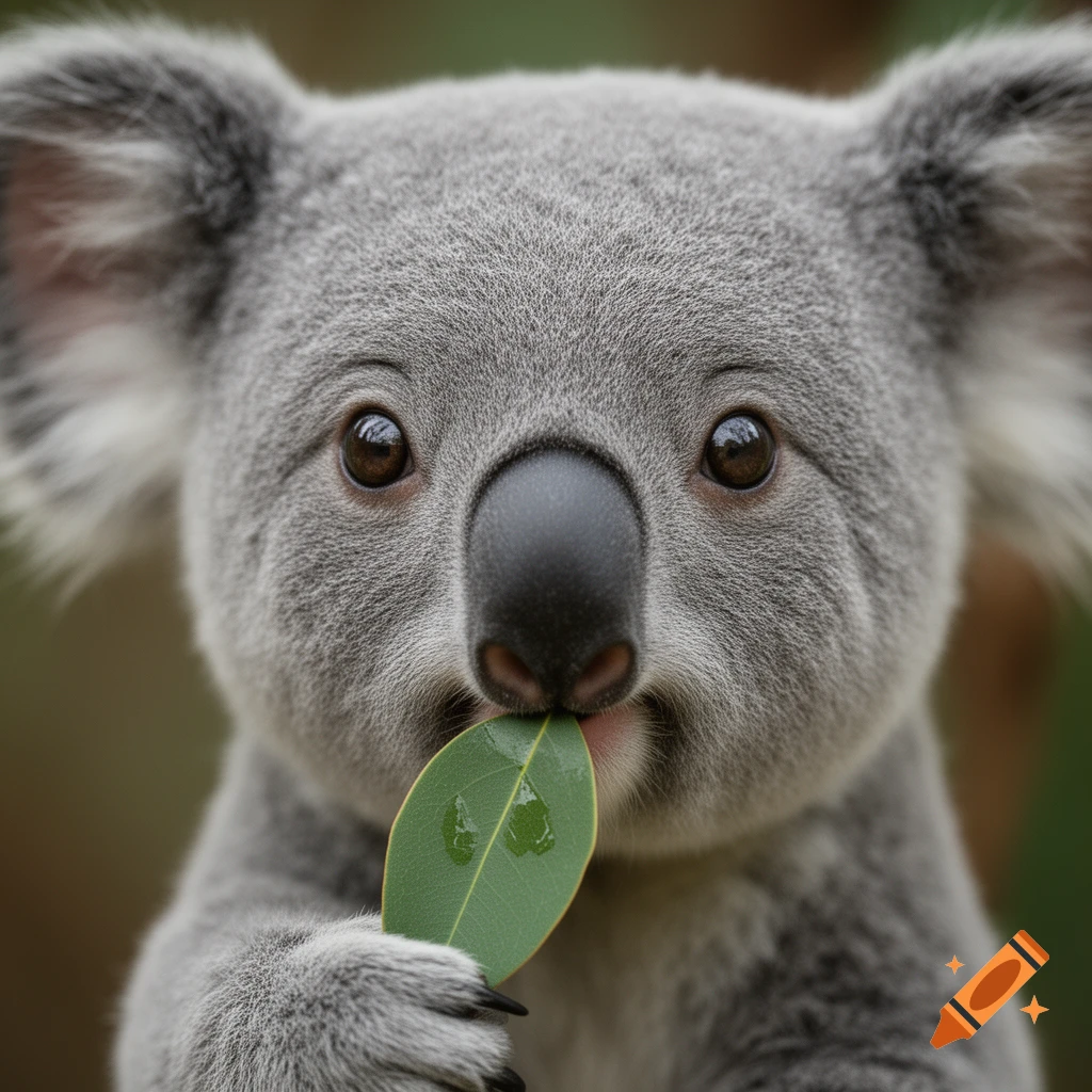 A close-up, photorealistic shot of a baby koala holding a green eucalyptus leaf and looking forward.