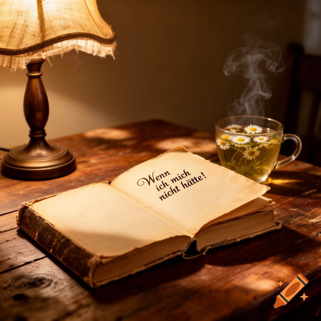 An open old book with German text, a warm lamp, and a steaming cup of chamomile tea on a wooden table.
