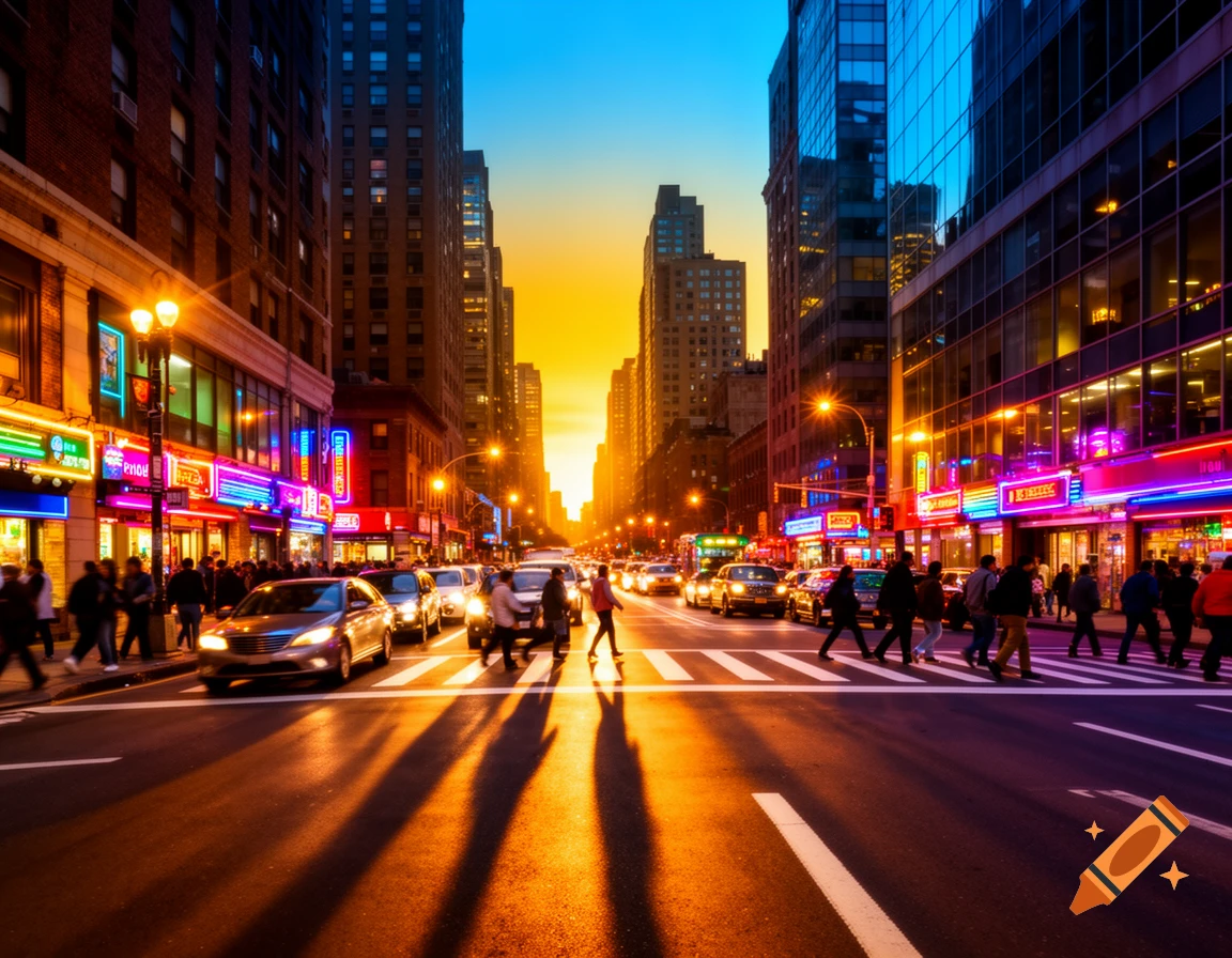 A vibrant photorealistic city street scene at sunset, with cars and pedestrians on a busy road, flanked by tall buildings with neon signs.