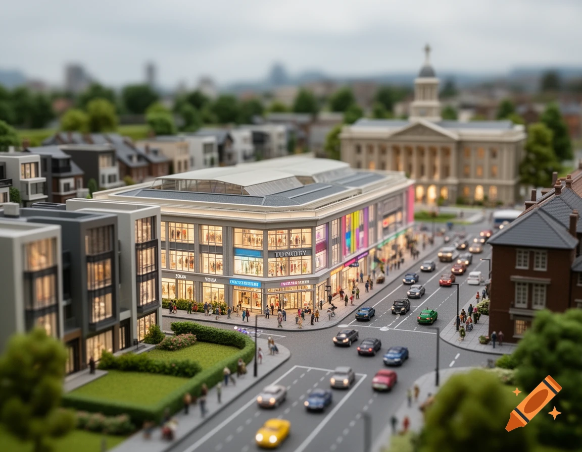 A tilt-shift photo of a miniature modern city with a large luxury shopping center, a town hall, and cars driving on the roads.