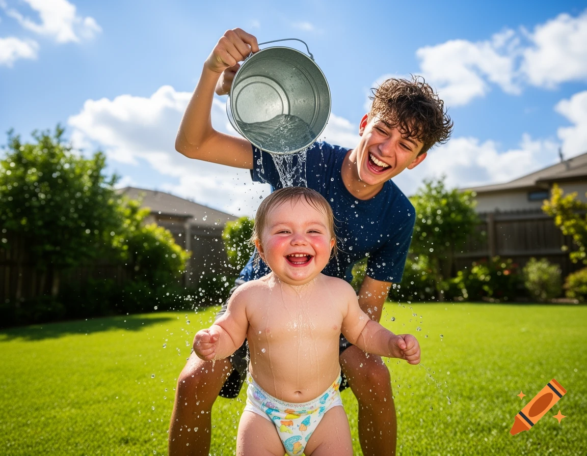 A smiling teenager pours a bucket of water over a laughing baby in a diaper, outdoors on a sunny day.