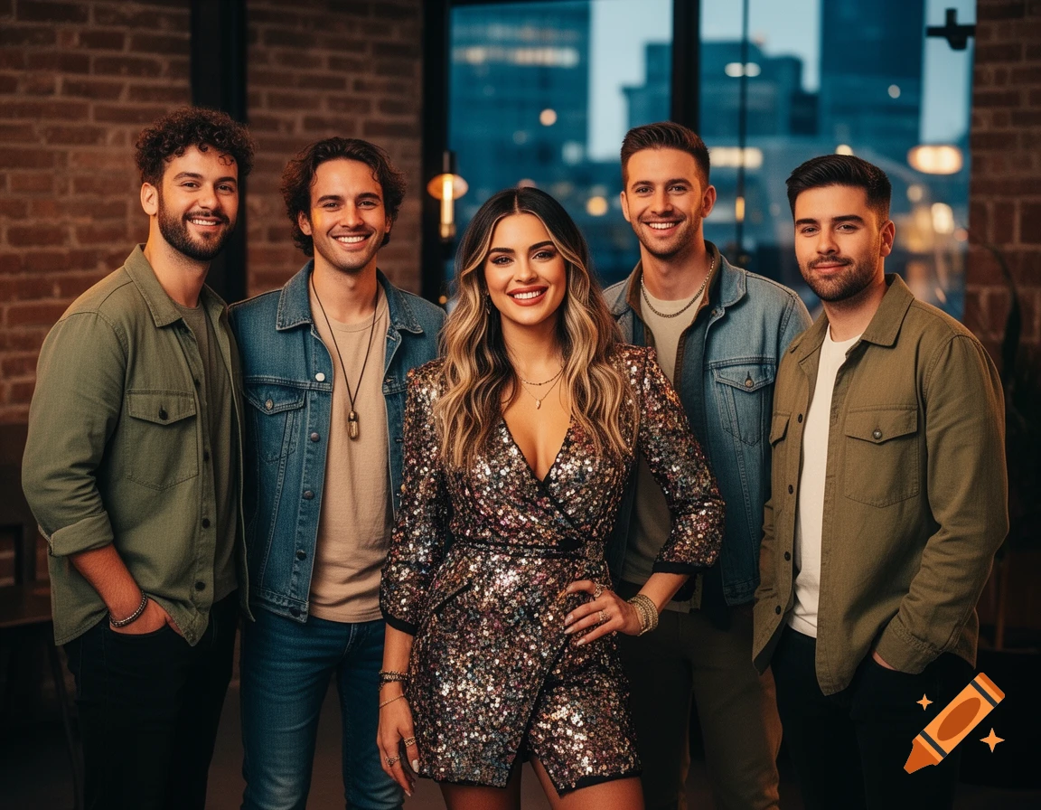 A photorealistic group portrait of five smiling people, a woman in a sequin dress and four men, against a brick wall and city lights.