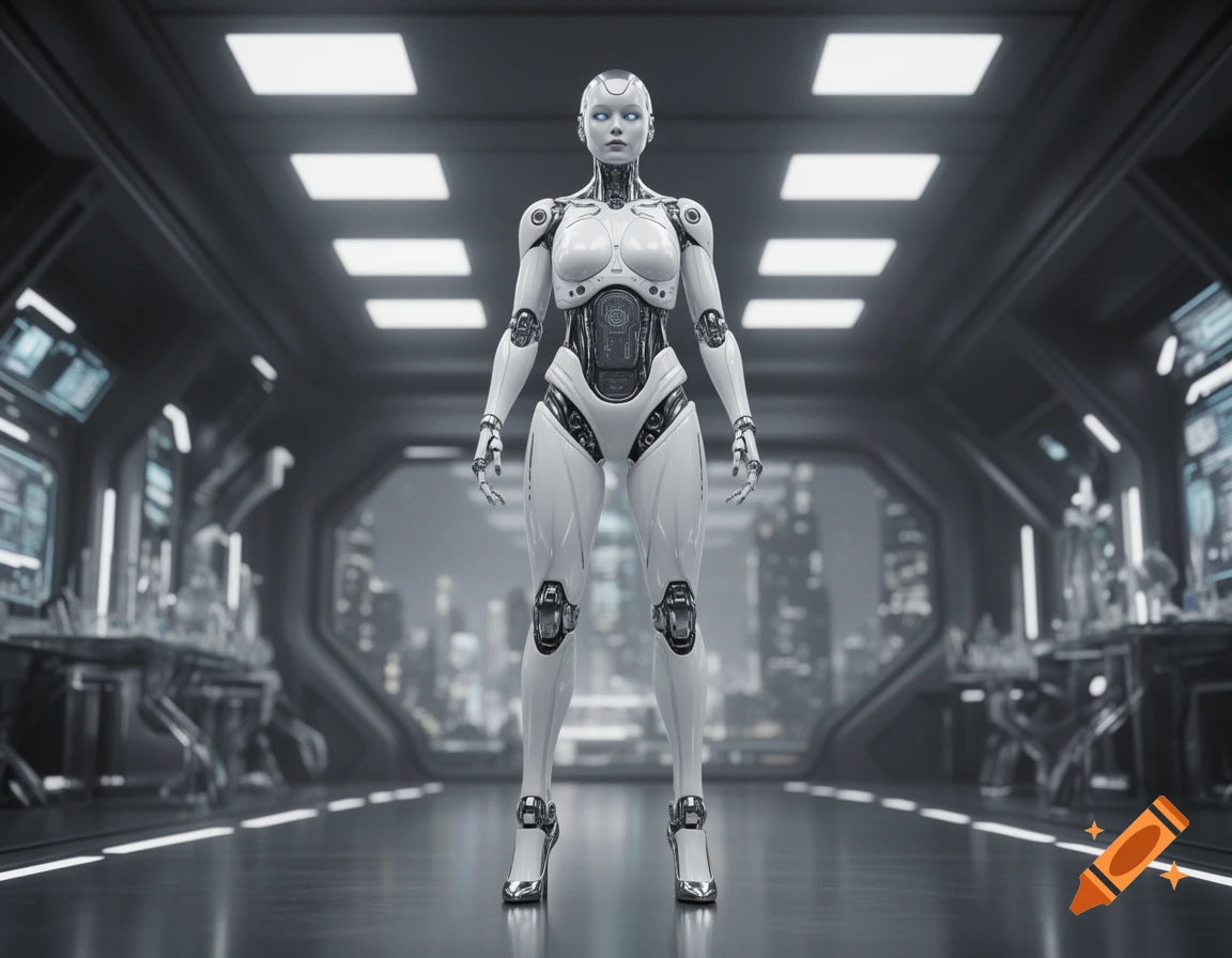A photorealistic robot woman with a white and metallic body stands in a futuristic sci-fi corridor.