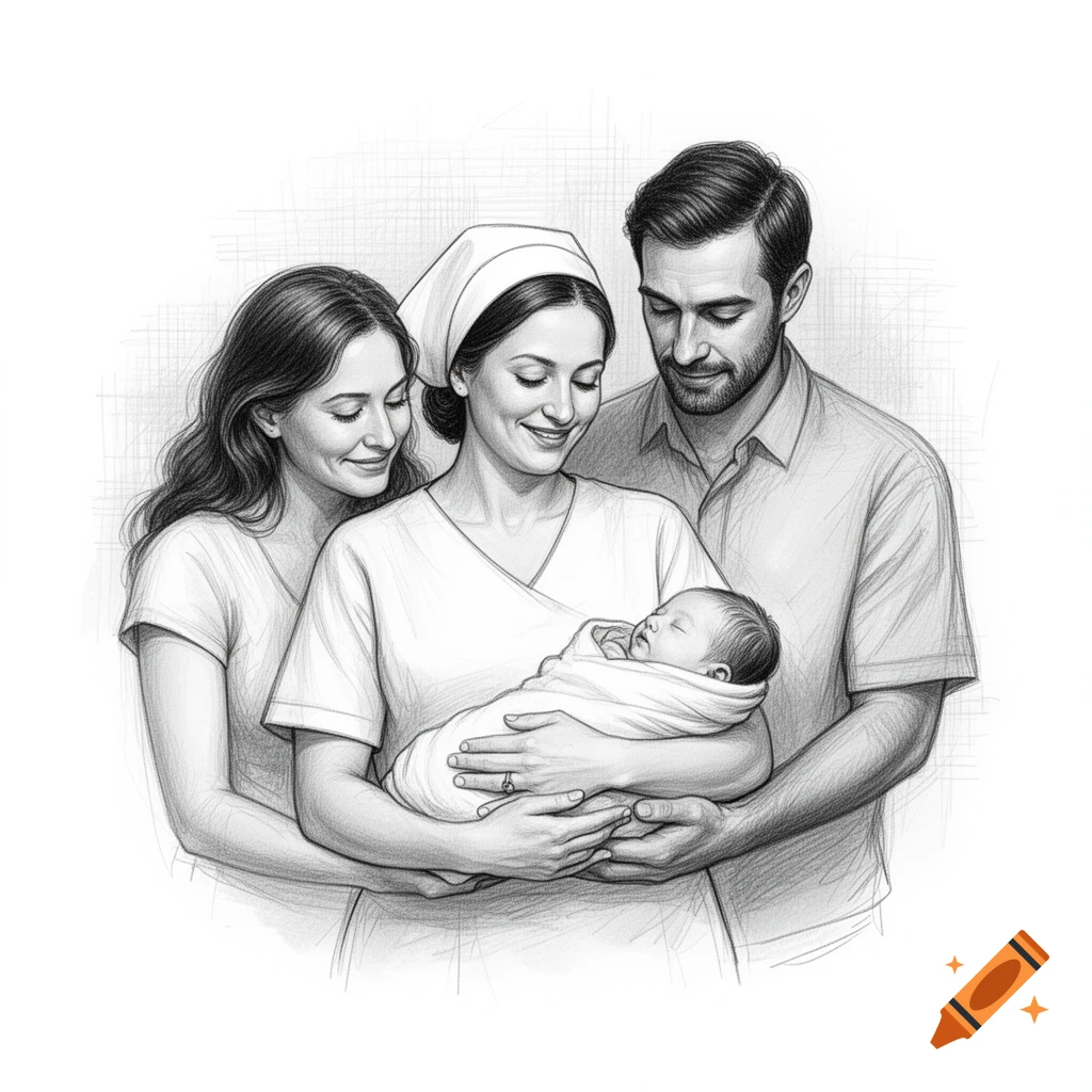 Black and white sketch of a family: two women and a man, smiling and looking at a swaddled newborn baby held by one of the women.