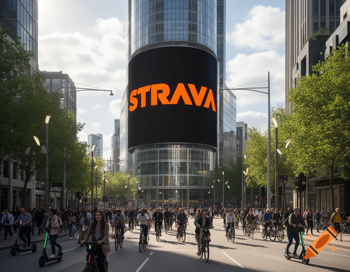 Photorealistic image of a bustling city street with people on bikes and scooters, passing modern buildings with a large 'STRAVA' sign.