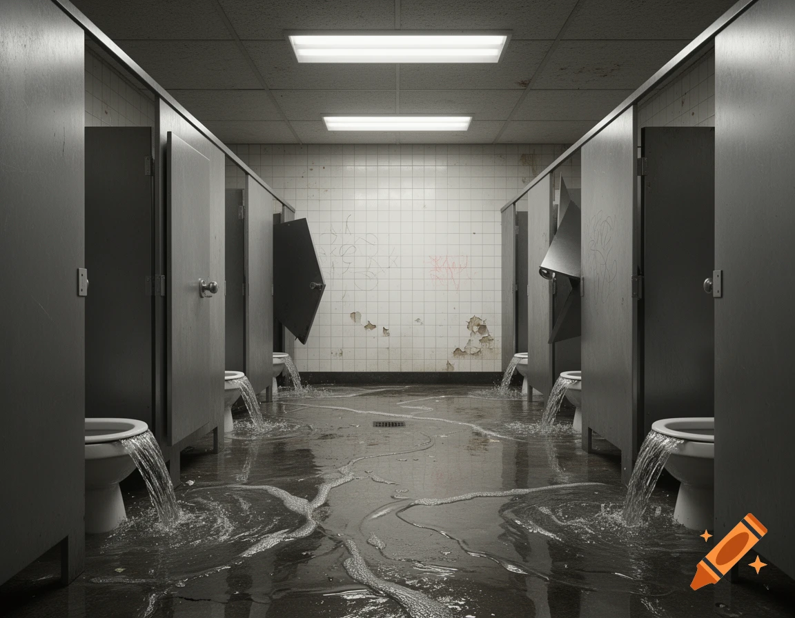 A photorealistic image of a dirty public bathroom with multiple toilet stalls overflowing with water, flooding the floor.