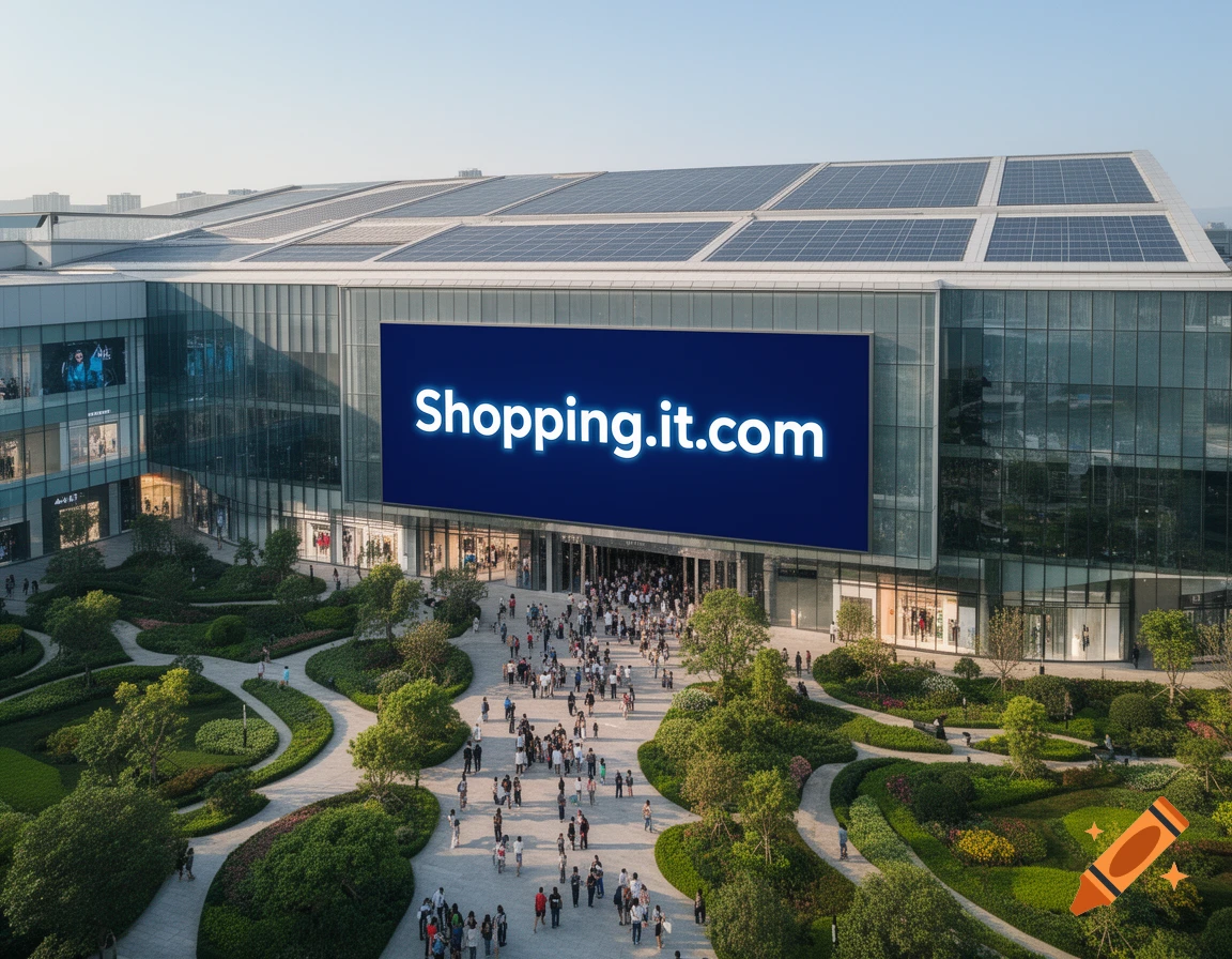 Aerial view of a modern shopping mall with a large digital billboard displaying "Shopping.it.com" and a plaza with people and green gardens.