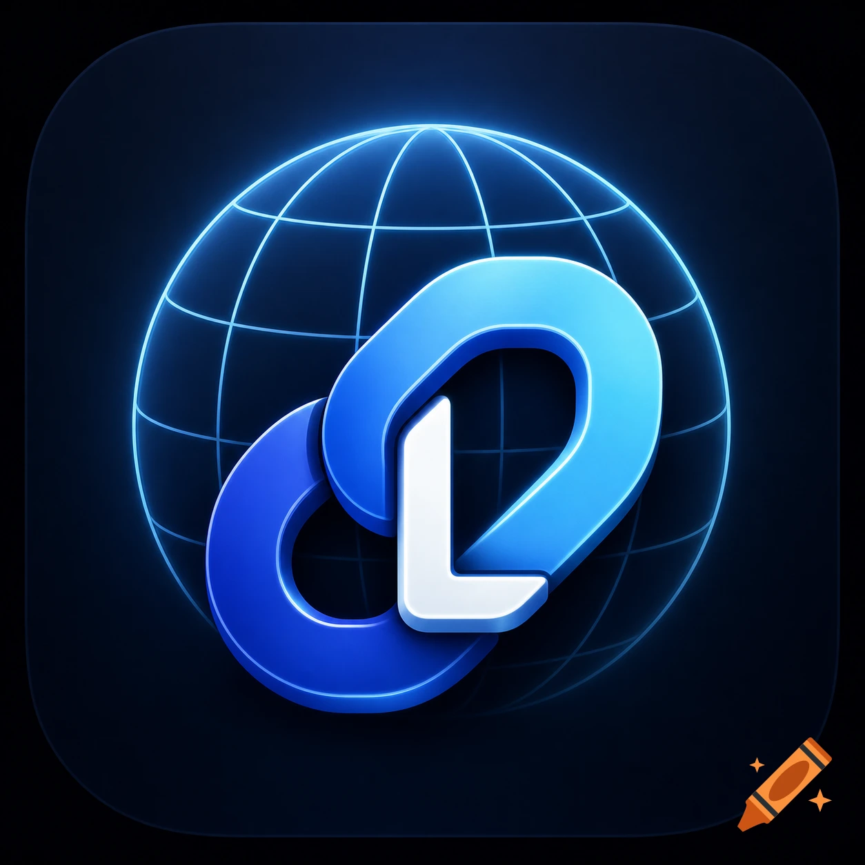 A modern app icon featuring a glowing blue globe and an integrated blue and white link symbol with a white 'L' on a dark background.