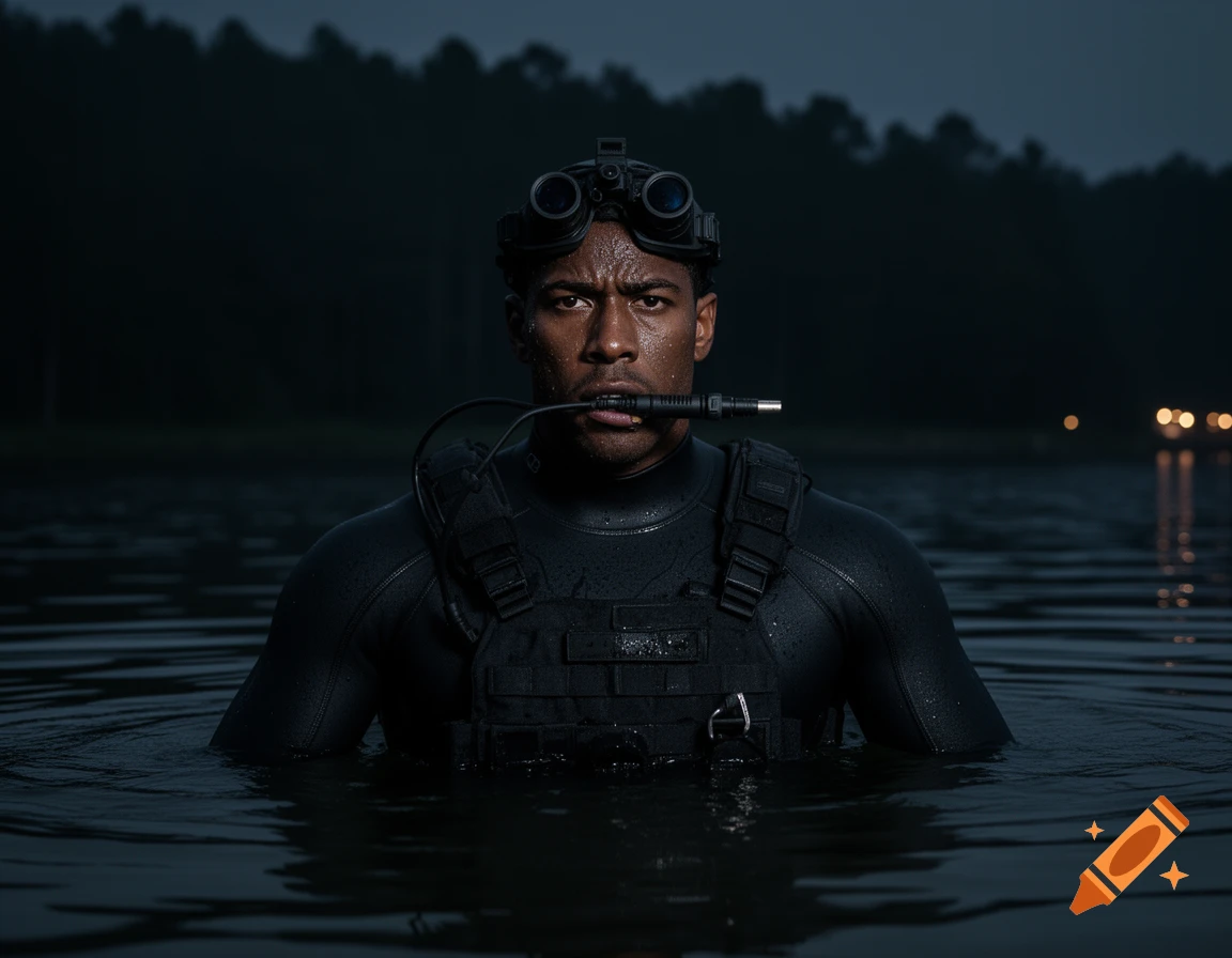 A man in a wetsuit, tactical vest, and night vision goggles emerges from dark water with a cable in his mouth.