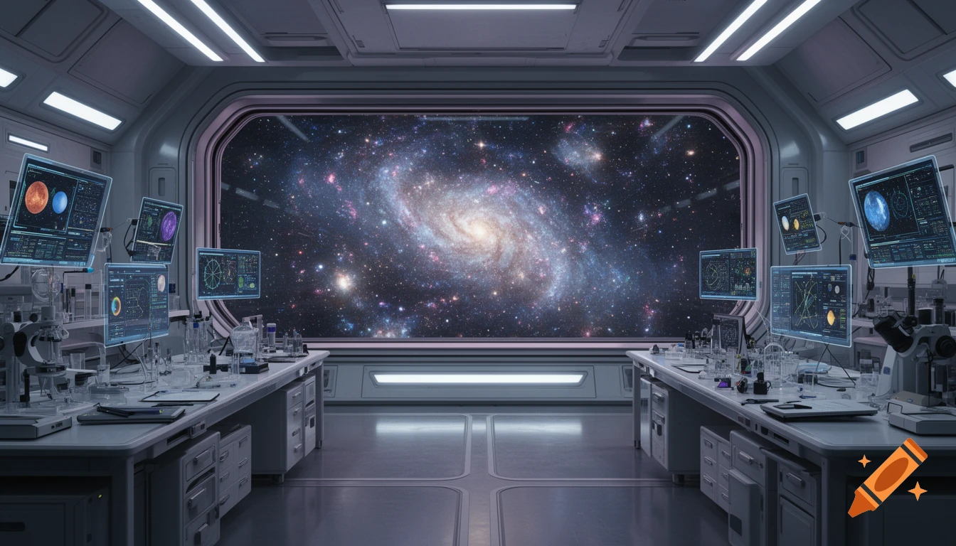 A futuristic space station laboratory with multiple monitors displaying data, overlooking a vibrant galaxy through a large window. Photorealistic style.