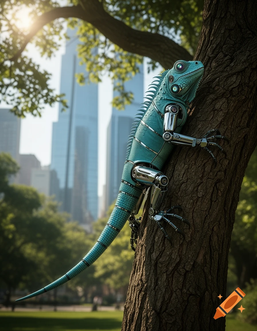 A photorealistic image of a turquoise robotic iguana climbing a tree in a city park with skyscrapers in the background.