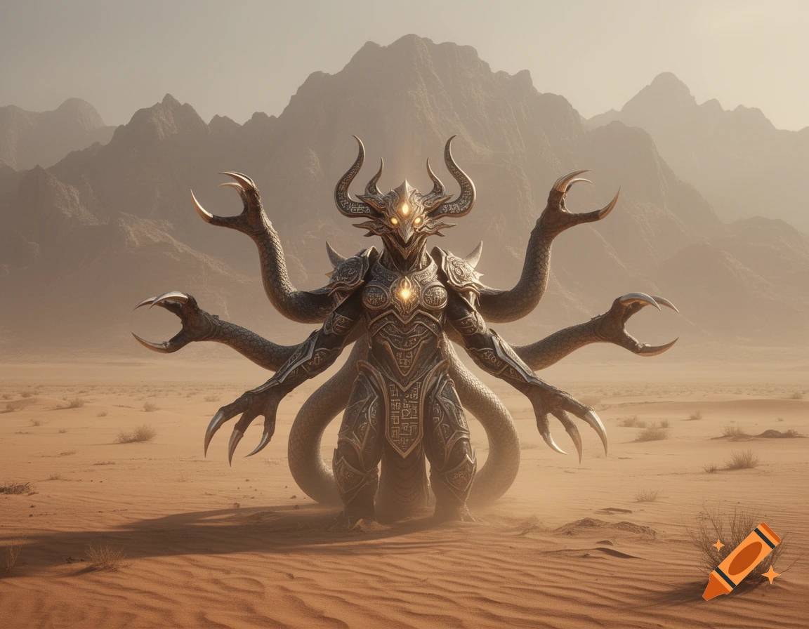 A large, multi-limbed, armored monster with horns stands in a vast desert landscape with mountains in the background.