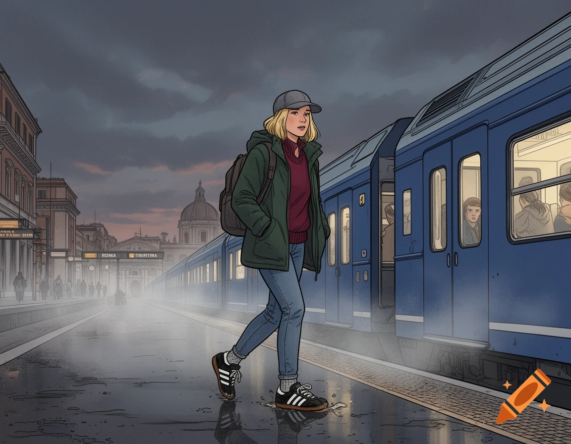 A blonde woman with a backpack and a cap walks on a wet train station platform next to a blue train under a stormy sky, comic art style.