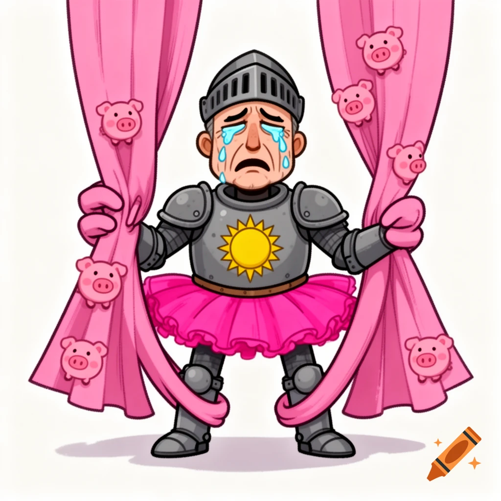 Cartoon illustration of a crying knight in a pink tutu and armor with a sun symbol, tangled in pink pig-patterned curtains.