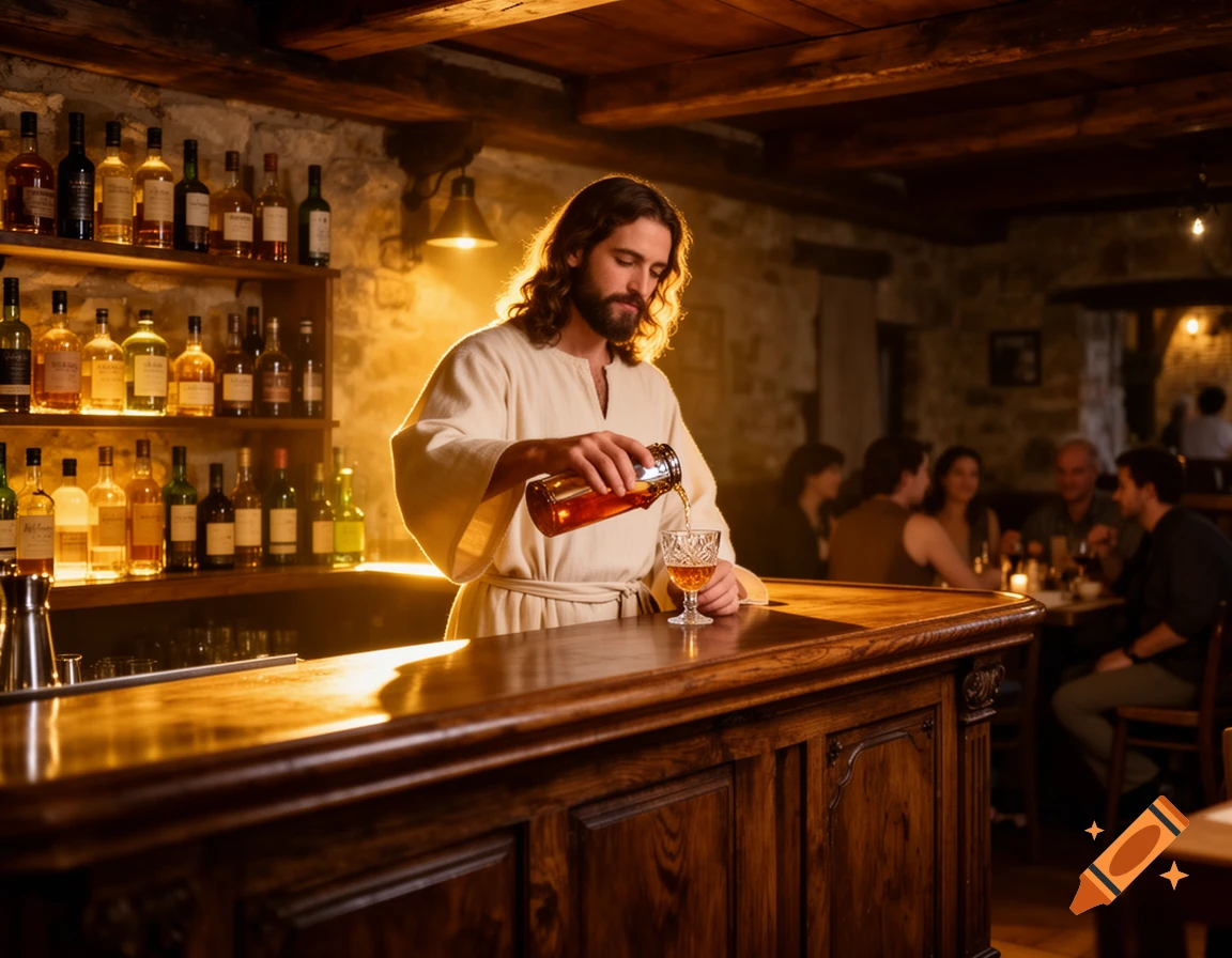Jesus with long hair and a beard, wearing a white robe, pouring a drink from a shaker into a glass behind a wooden bar. Bottles line shelves in the warm, dimly lit tavern background with blurred patrons.