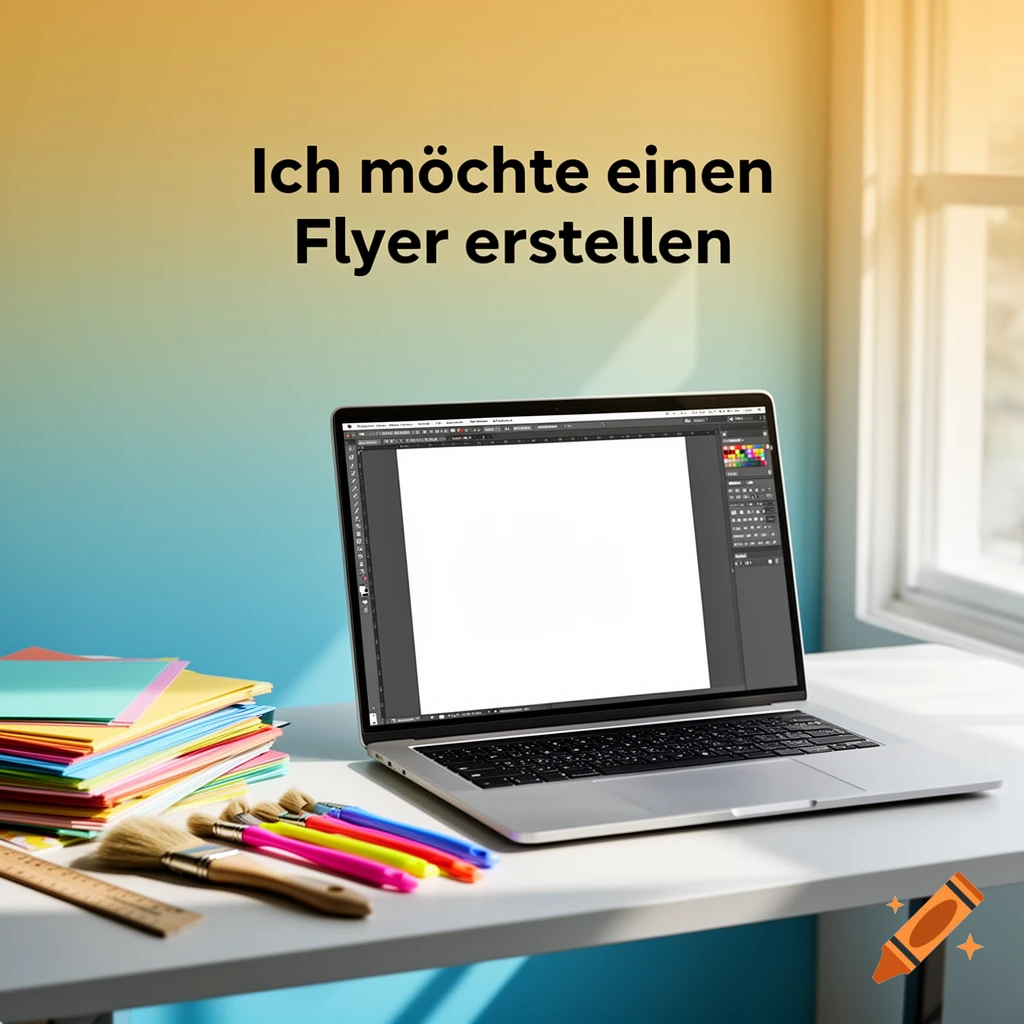 Photorealistic image of a laptop with design software, colorful papers, and art supplies on a desk. Text on the wall: "Ich möchte einen Flyer erstellen".