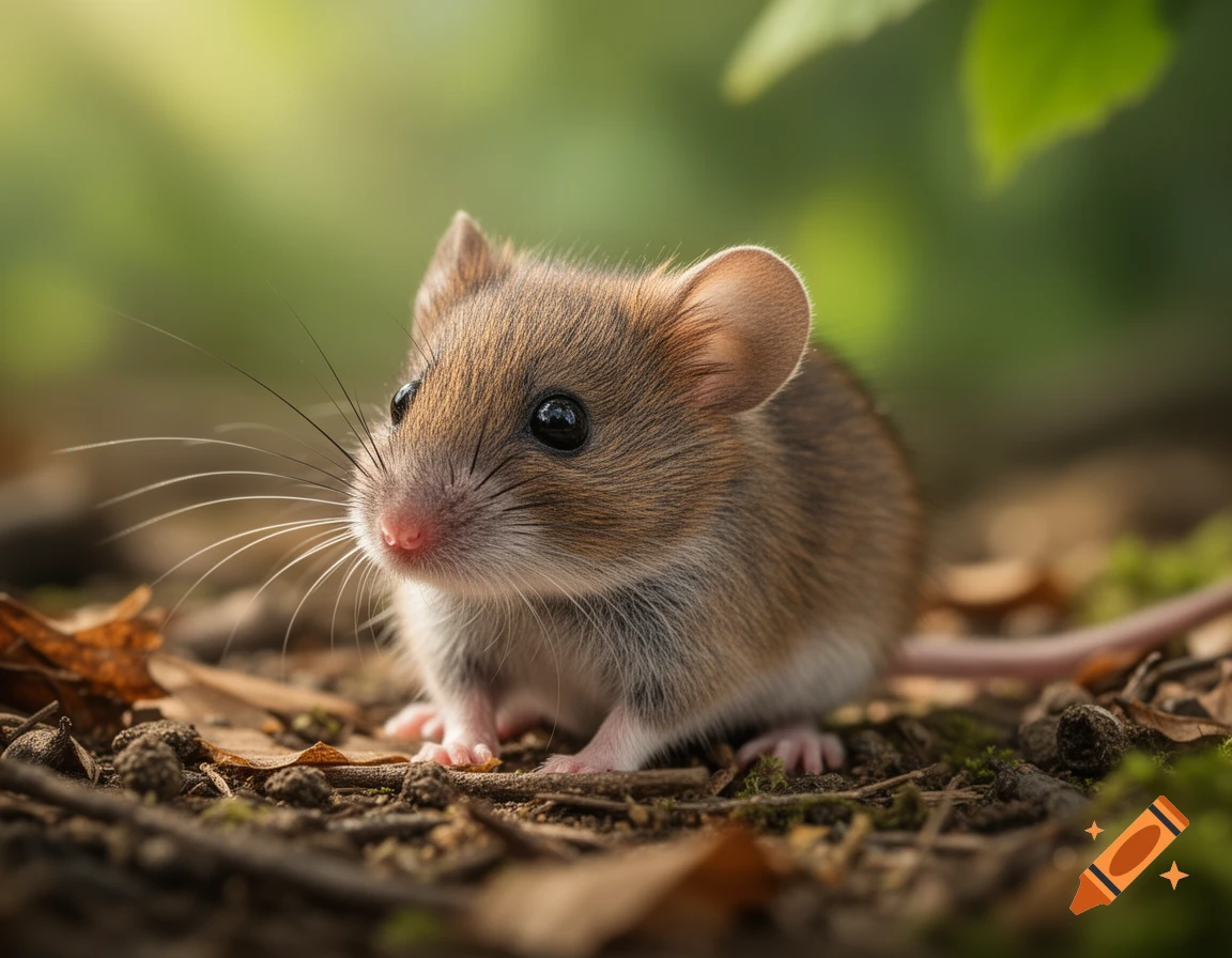 A small, photorealistic brown mouse with large black eyes and long whiskers sits on earthy ground with leaves and a soft green background.