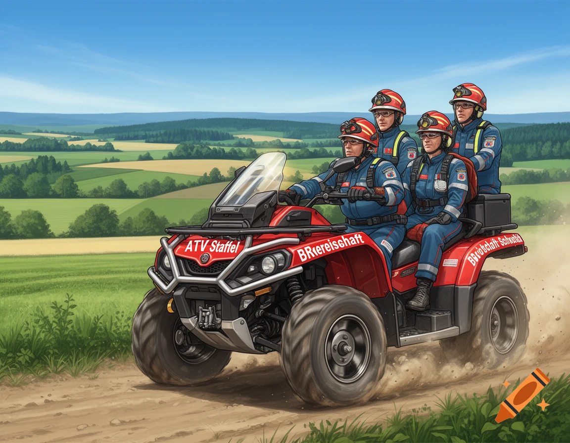 Four emergency responders ride a red ATV on a dirt path through a rural landscape.