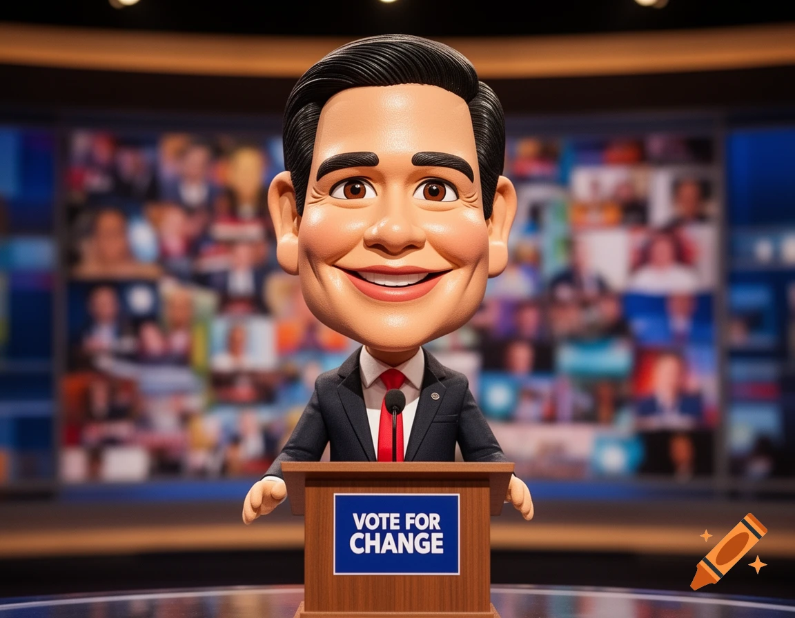 Cartoon bobblehead puppet resembling a politician, smiling at a podium with 'VOTE FOR CHANGE' text, against a blurred screen background.