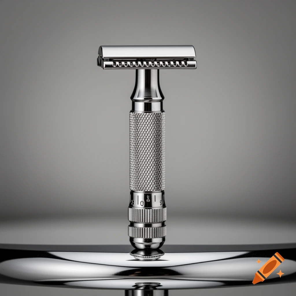 A shiny chrome Merkur-style safety razor with a textured handle stands upright on a reflective surface against a gray background.