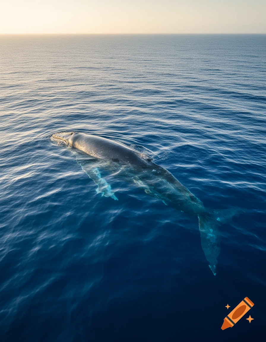 An aerial view of a humpback whale swimming just beneath the clear blue ocean surface at sunset, with golden light on the horizon.
