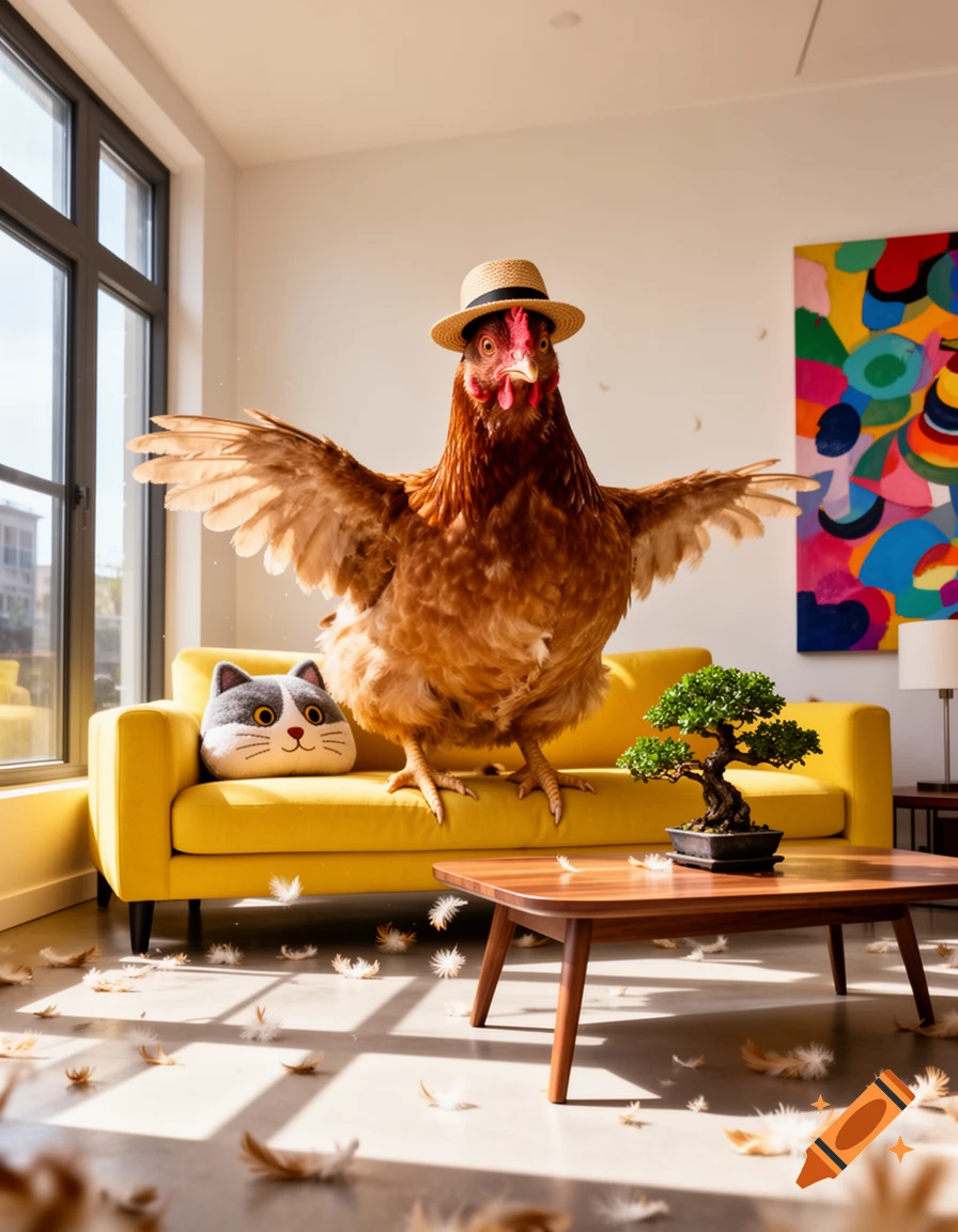 A large chicken wearing a straw hat stands on a yellow sofa in a sunny living room, with feathers scattered on the floor.