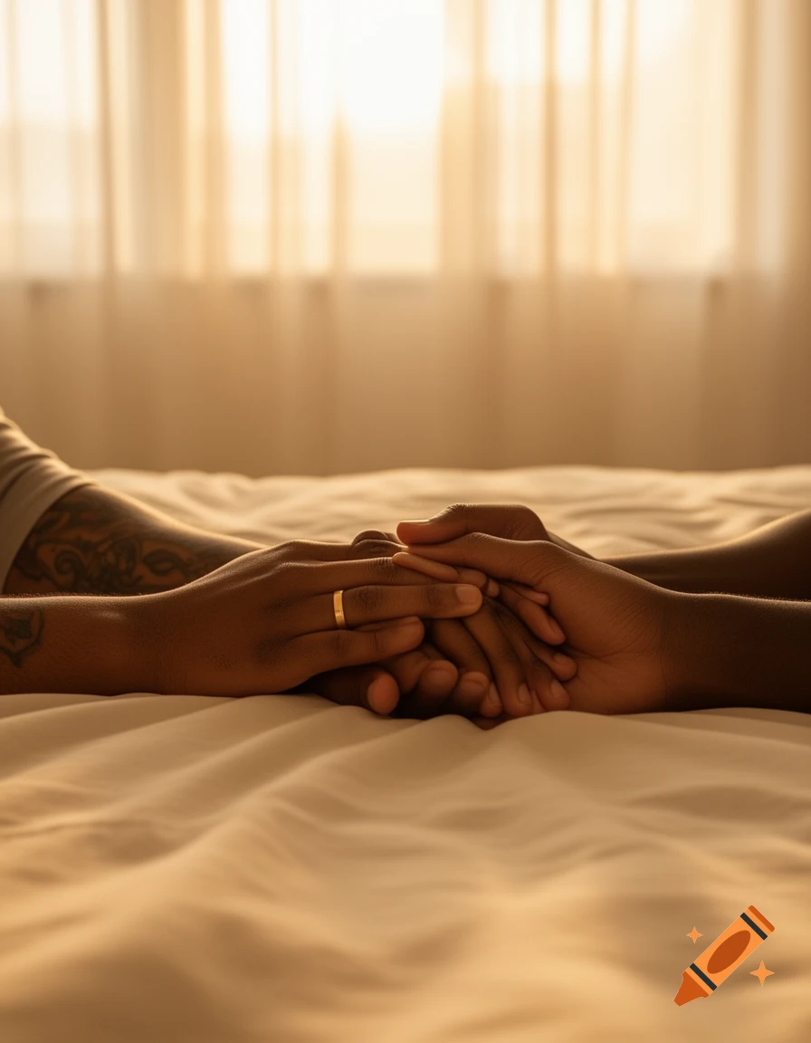 Two people with dark skin holding hands on a bed in warm light, one with a ring and a tattoo.